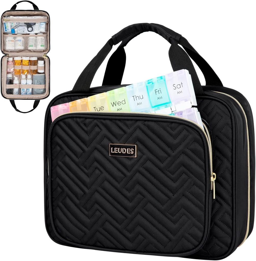 Leudes Travel Pill Organizator butelek, Organizator i przechowywania leków, Domowy worek na leki, Przypadki, Przewoźnik na tabletki, Witamina, Olej rybny, Suplementy dla kobiet i mężczyzn (Duży, czarny)