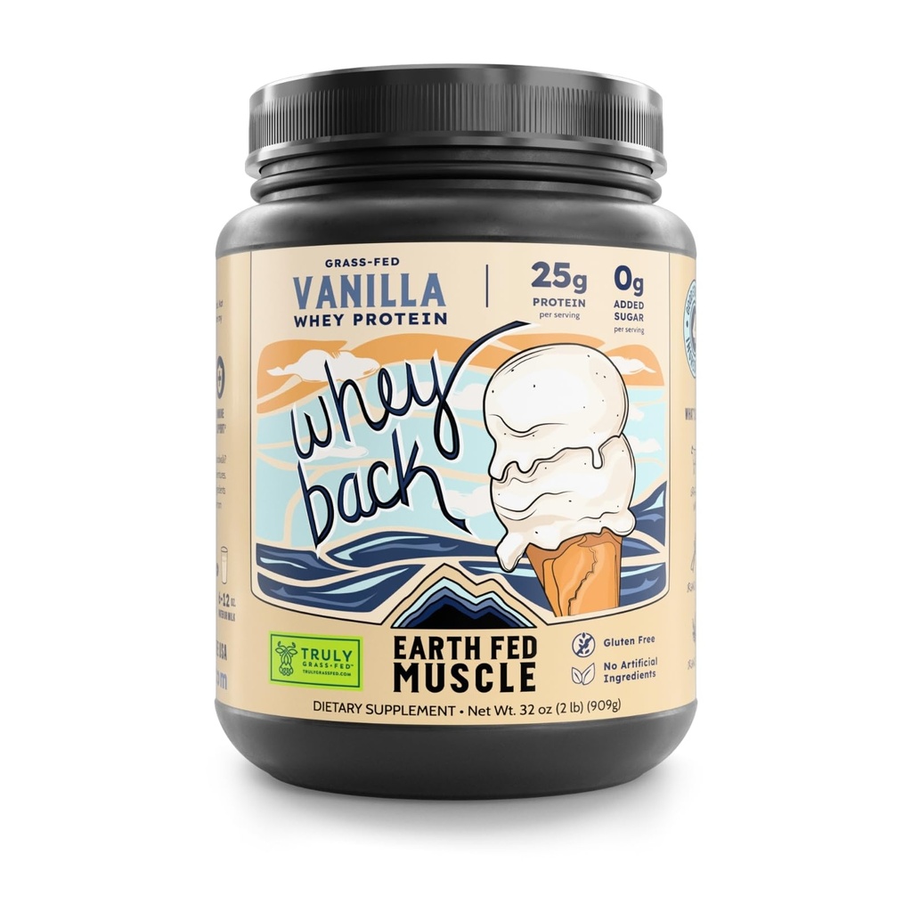 Earth Fed Muscle Whey Back Irish Grass Fed Whey Protein Isolate - NSF- Certified. Brak sztucznych składników, Soy Free, Gluten Free, Non-GMO i hormon Free (2 Funt, 29 Sług, Vanilla)
