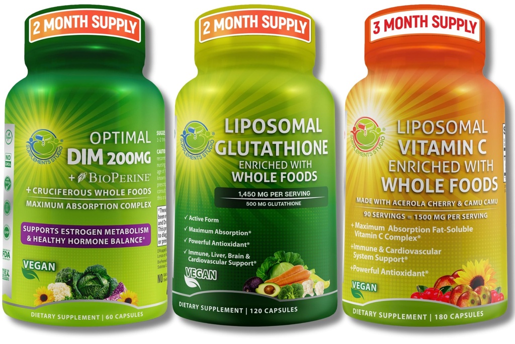 Total Immune, Hormonal & Antioksydant Support Bundle for Women & Men - Liposomal Glutathione 500mg + Liposomal Witamina C 1500mg + DIM 200mg z BioPerine ® & Cruciferous Whole Foods - Vegan & Non-GMO