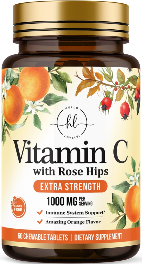 Suplement witaminy C 1000mg - Dodatkowa siła z bioflawonoidami Rose Hips - Bezcukrowa Witamina C Pigułki do żucia, Vit C dla immunologicznego wsparcia i ochrony przeciwutleniaczy - 60 Tabletki do żucia