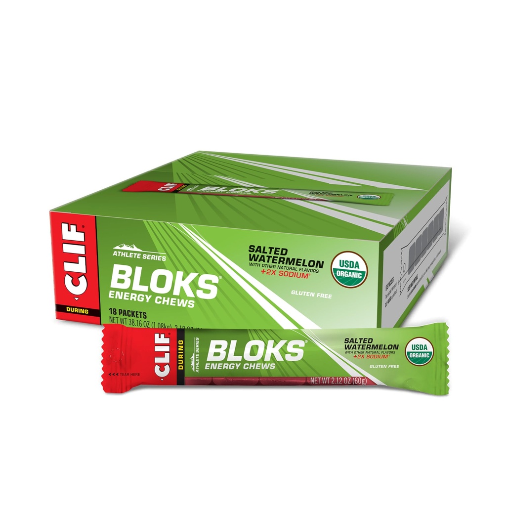 CLIF BLOKS - Sól arbuzowa z 2X Sodu - Żaby energetyczne - Nie-GMO - Roślina na bazie - Szybkie paliwo do jazdy na rowerze i biegania - Szybkie węglowodany i elektrolity - 2.12 oz. (18 Count)