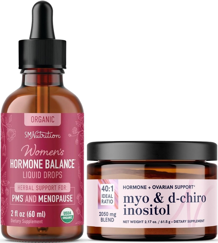 Myo- Inositol Proszek Complex & Hormon Ziołowy Równowaga Tincture 124; Hormon Balancing Pasek z Myo- Inositol & D- Chiro (30 Servings) i PMS Menopauza i Menstrual Support Liquid (60 Servings)