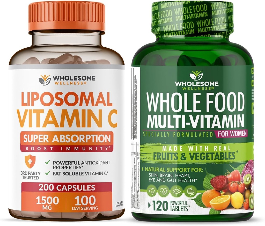 Zdrowy Wellness Witamina Liposomalna C Kapsułki (200 Tabletki 1500mg Buforowany) Wysoka Absorpcja VIT C + Całość żywności Multivitamina dla kobiet - Naturalne multi witaminy, Minerały, Ekstrakty Organiczne Bundle
