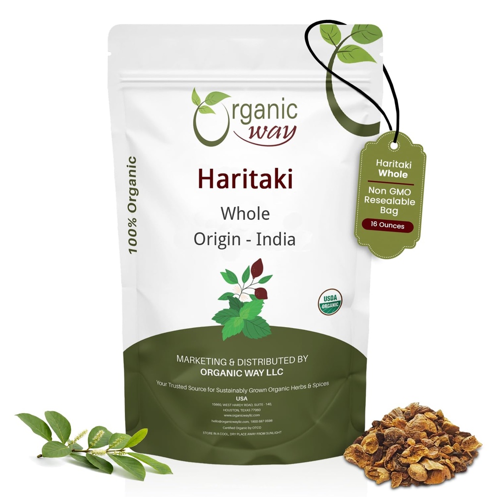 Organic Way Haritaki Whole (Chebulic Myrobalan) Xi124; Terminalia Chebula (Yellow Myrobalan) Xion124; Kosher & USDA Certified Xion124; Vegan, Non-GMO & Gluten Free Xion124; 100% Surowiec z Indii (16 oz - 1 lbs)