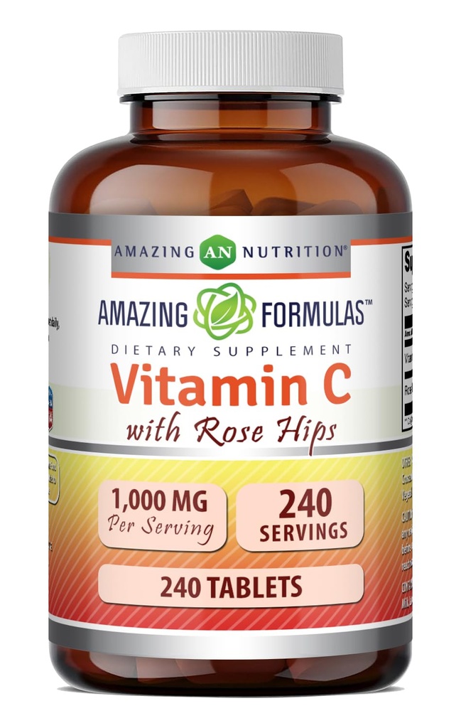 Niezwykłe witaminy C z suplementem Rose HIPS 124; 1000 Mg 124; 240 Tabletki 124; Nie-GMO 124; Bez glutenu 124; Wyprodukowane w USA