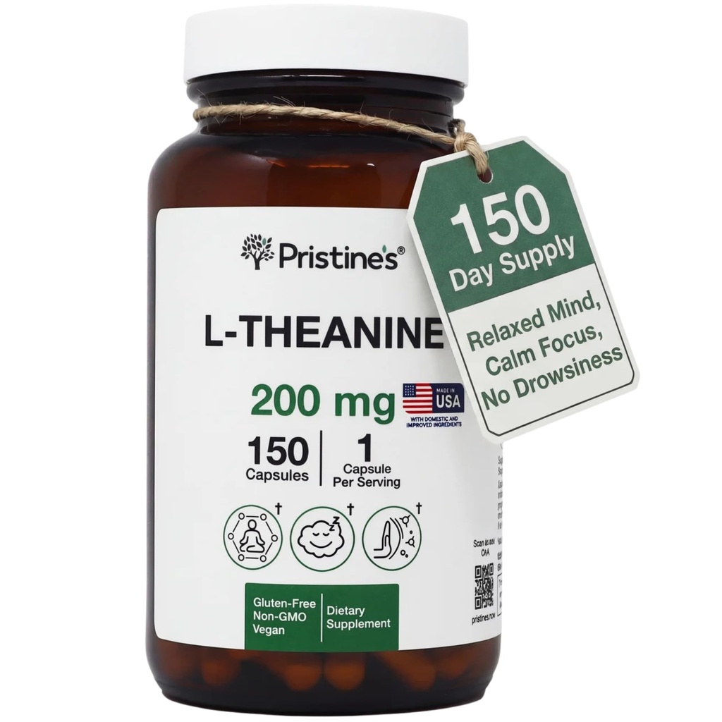 PRISTINE 'S L Theanine 200mg Supples kapsułki - 3. strona Tested Non GMO -150 Day Supply - Relaxation & Sleep Quality Supplement kapsułki - Wegan, cGMP Facility & Gluten darmowe butelki szklane