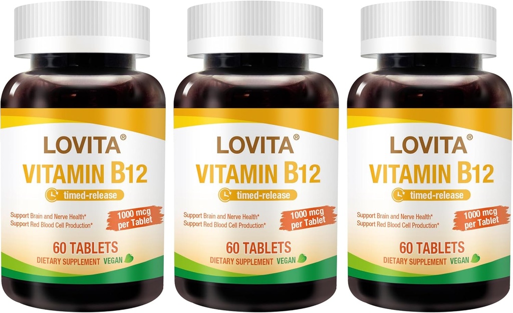 Lovita Witamina B12 1000 µg (B12 Witaminy jako cyjanokobalamina), Timed Release B12, Przyjazny weganom, Wsparcie układu nerwowego, 60 Tabletki wegetariańskie (2 Dostawy miesiąc) (Opakowanie 3)