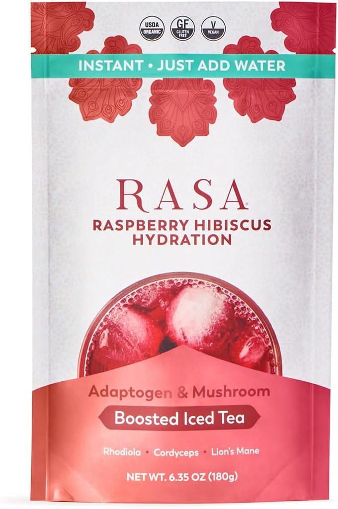 Rasa Raspberry Hibiscus Hydration 124; Organic Boosted Moded Tea z adaptogenów i grzybów 124; Gluten- Free, Premium Electrolyte Proszek Drink Mix, Odświeżające Hydration (6 oz / 24 Służenie)