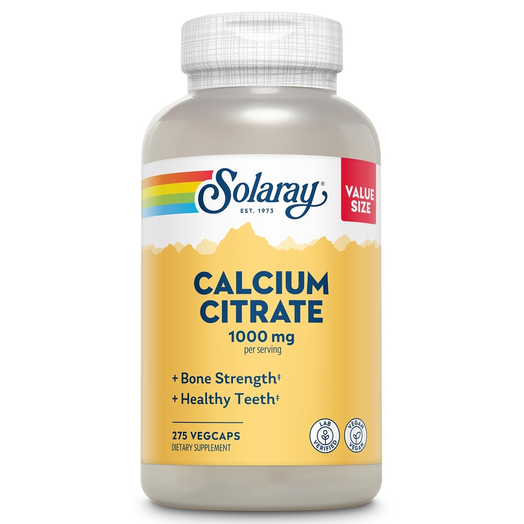 Solaray Wapnia Citrate 1000mg - Chelated Calcium Supplement - Supports Bone Strength and Healthy Teeth - Easy to Digest - 60- Day Guarantee, Vegan - 68 Servings, 275 VegCaps