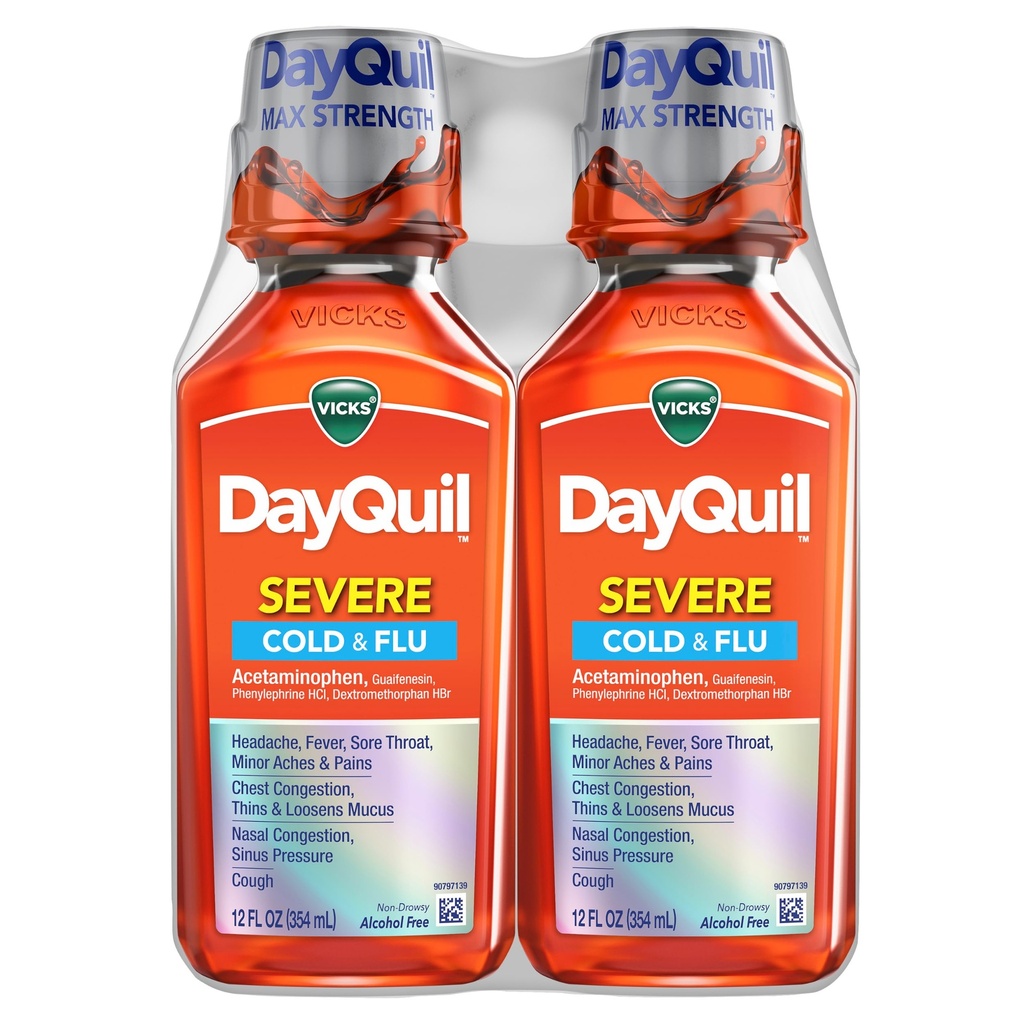 Ofiary DayQuil Ciężkie zimno i grypa płynna medycyna, Daytime Relief na ból głowy, Gorączka, ból gardła, Mniejsze Aches & Pains, Przekrwienie klatki piersiowej, Nose Stuffy, Przekrwienie nosa, Ciśnienie zatok, & Kaszel, 2x12oz