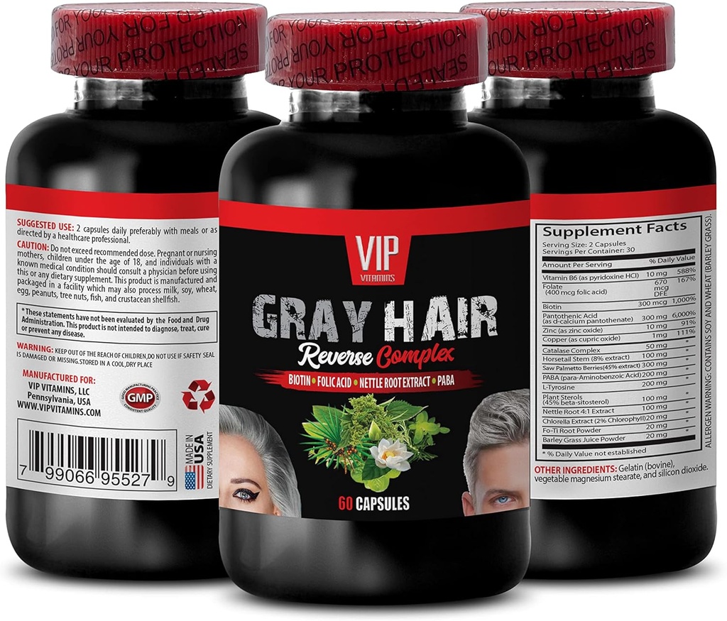 Saw Palmetto Mens Hair - Gray Hair Reverse Complex - Naturalne rozwiązanie - Potężne wyniki, Grey Hair Men, Biotin Vitamin do włosów skóry i paznokci, Suplement Paba, Szary Hair Supplement, 1 Bot 60 Czapki