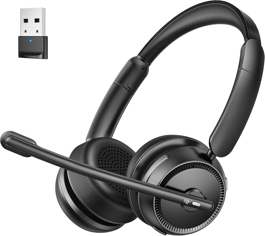 Zestaw słuchawkowy Bluetooth z AI Noise Canceling Microphone, Stereo HiFi Bluetooth słuchawki, bezprzewodowy zestaw słuchawkowy z USB Dongle for Computer Office Call Center Skype Zoom Spotkanie Trucker