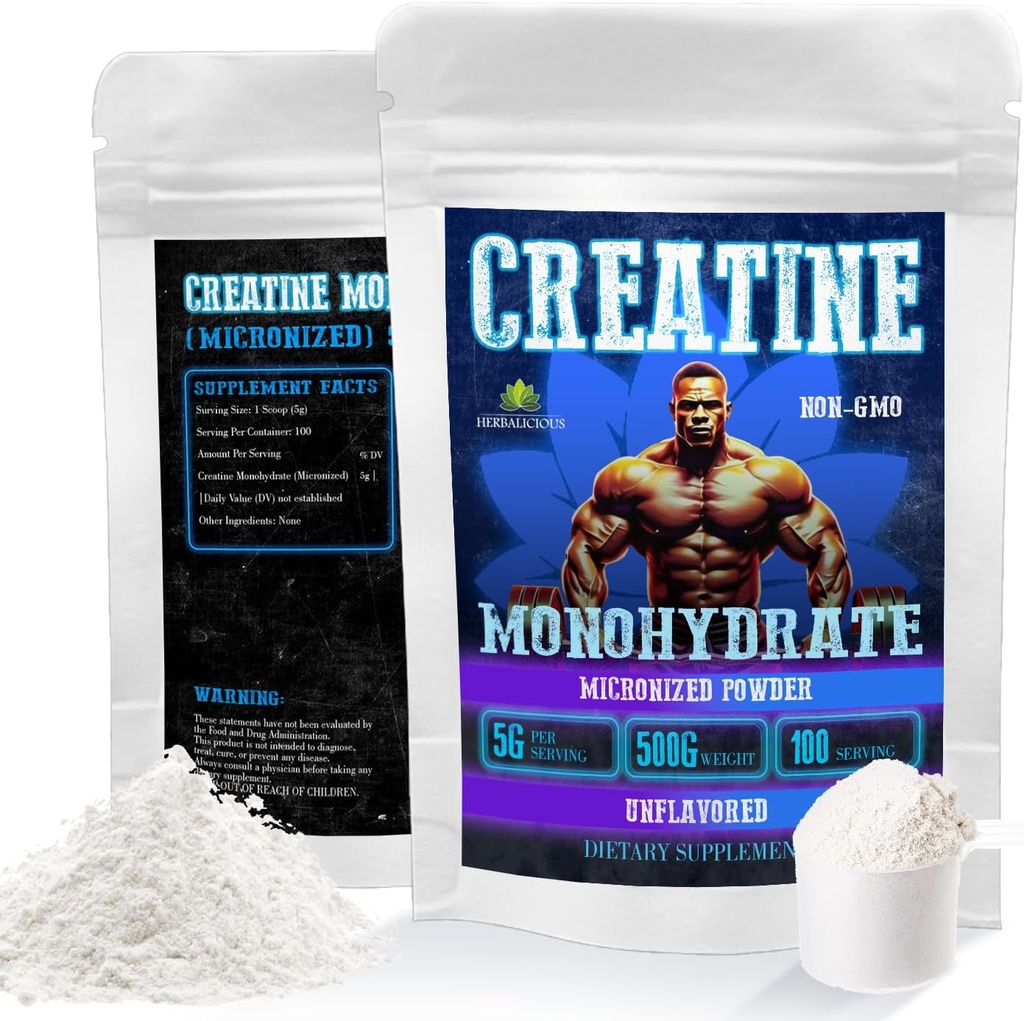 Proszek mikronizowany HERBALICIOUS Creature - 5g na porcję mocy, mocy i wydajności - Unflavored, Non-GMO Formula - 100 Słupki, 500g