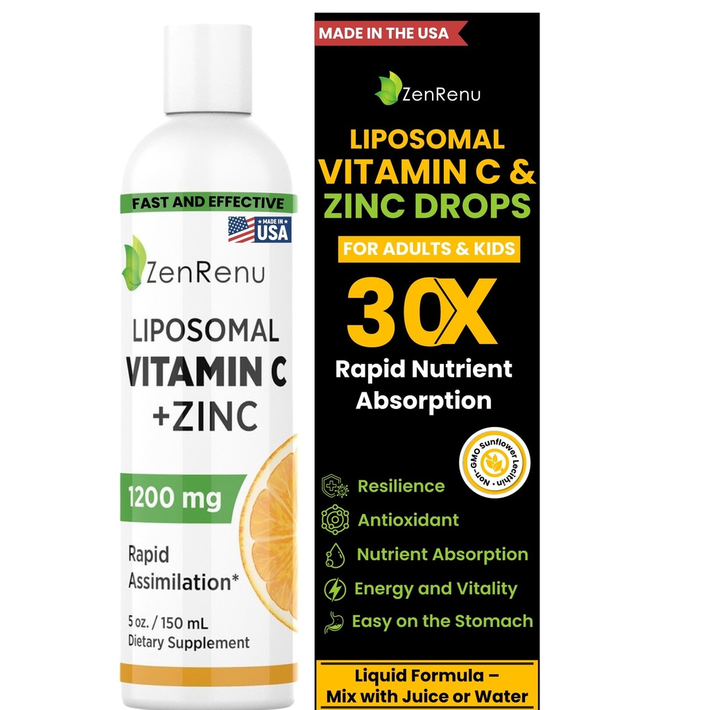 Zenrenu Liposomalna Witamina C i cynk Napoje płynne dla dorosłych i dzieci - Lecytyna słonecznikowa niezmodyfikowana genetycznie - Max Przeciwutleniacz & Wsparcie immunologiczne, 5 oz / 150 ml