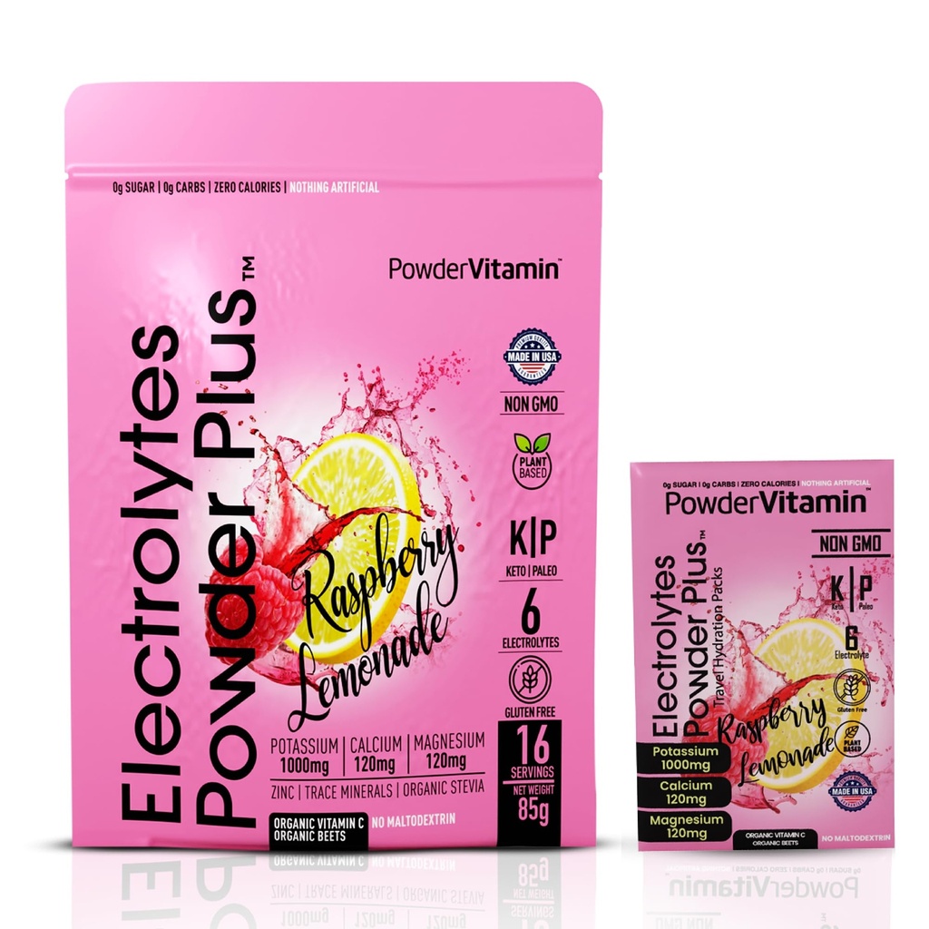 PowderWitamina elektrolity Proszek Plus, Keto, Lemoniada malinowa, Cukier wolny, Pink Himalayan Sól, 1000mg potasu, 120mg wapnia, 120mg magnezu, Non-GMO, Zero Kalorii, (16 pakietów nawadniających)