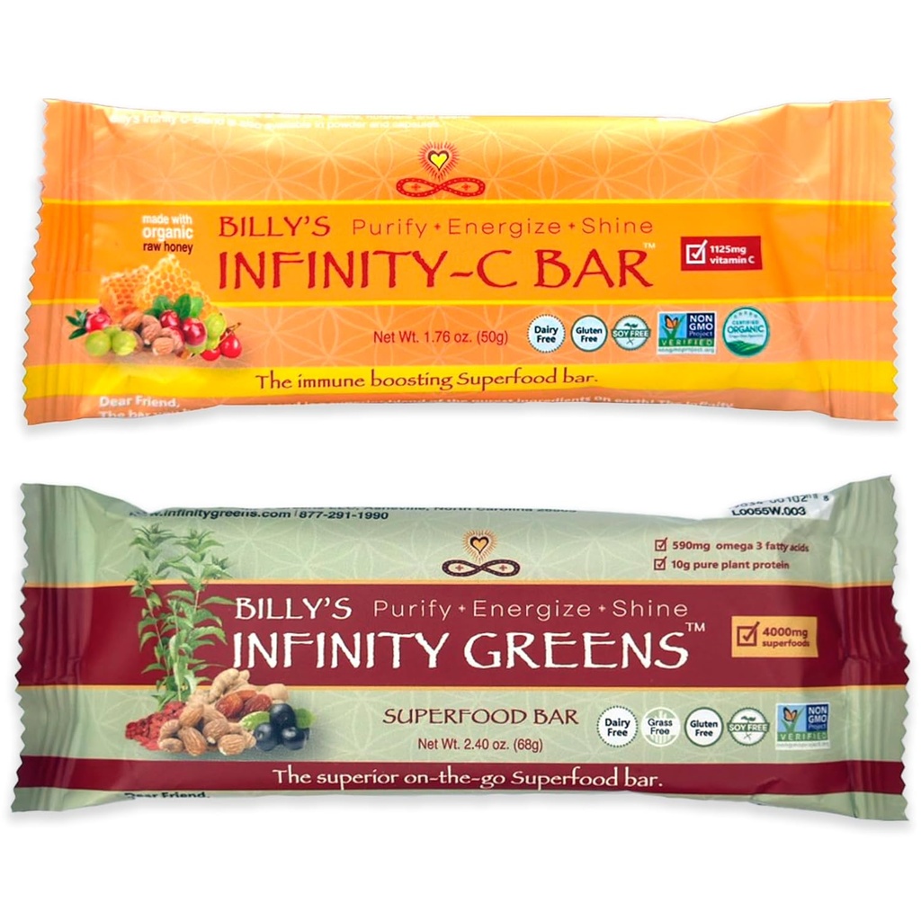 Infinity Greens Bundle, 1 Pudełko Green Superfood Bars (12 opakowań), 1 Pudełko Organiczne Witaminy C Snack Bars (12 opakowań)