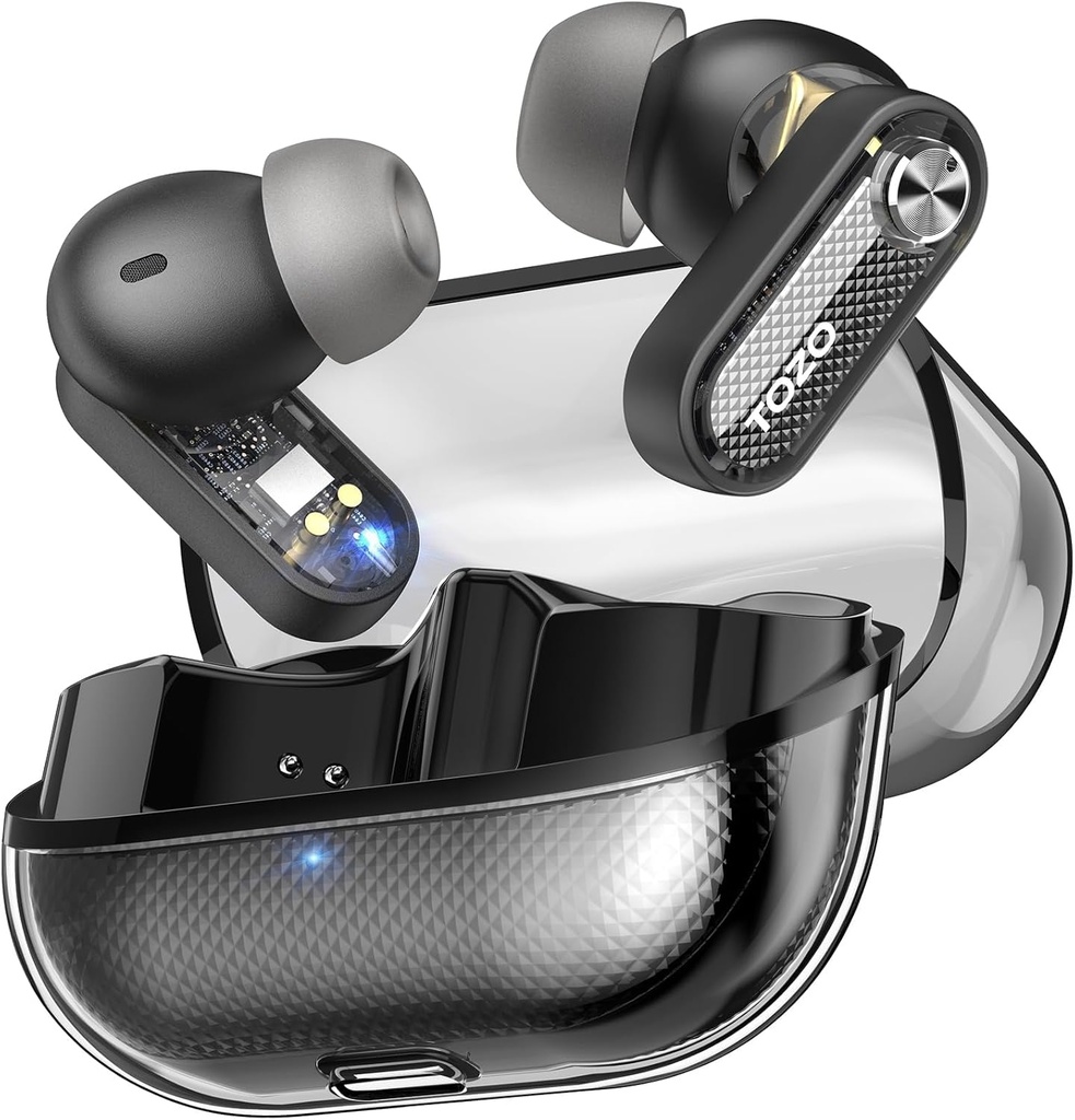 TOZO Crystal Pods Hybrid Aktywny hałas Anulowanie bezprzewodowych słuchawek, 10 mm Sterowniki Deep Bass Stereo Sound, 4 Mics Smart ENC AI calls, 32 EQ za pośrednictwem aplikacji, Bluetooth 5.4 Słuchawki, Crystal Case Design
