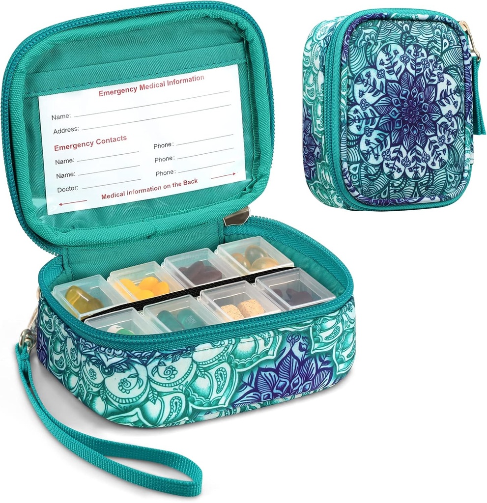 FINPAC Pill Organizators, 8 Compact Travel Pill Case for Weekly 7 Days Medicine Care, Compact & Cute Medicine Witamina Dispenser and Holders (Iluzje szmaragdowe)