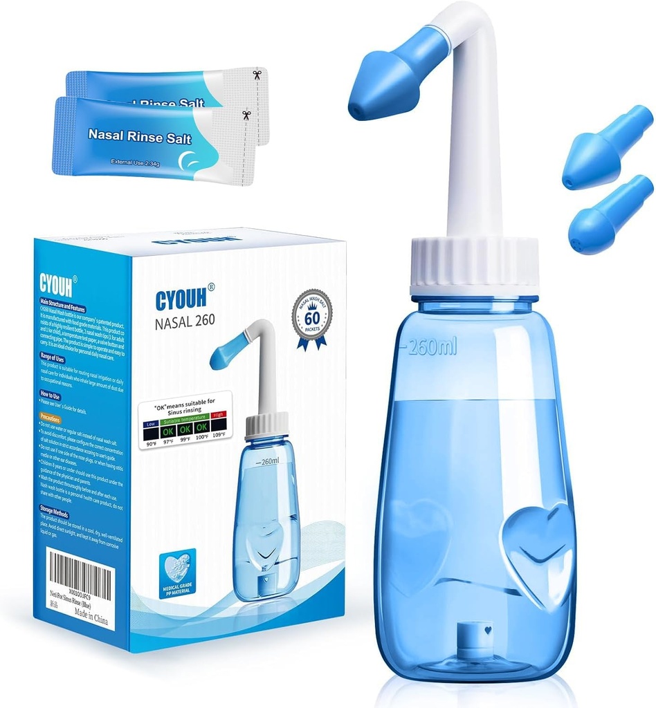 Neti Pot Sinus Rinse Butelka 260 ML z 60 Pakietami soli do mycia nosa i nalepką Termometr do mycia nosa Przepłukać Nasal Nasal Nassation for Adult & Kid BPA Free (Niebieski)