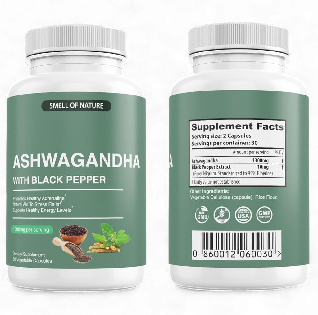 Natural 's Smell Organic Ashwagandha Suplementy z Black Pepper Extract - 1300mg Pure Ashwagandha Extract - Wsparcie energetyczne - Non-GMO, Gluten- Free, Wegan - 60 Kapsułki