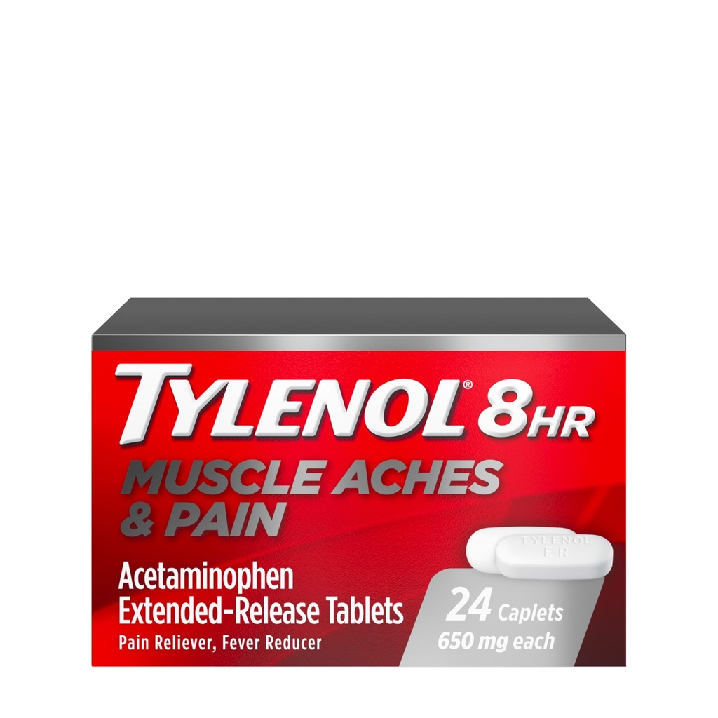 Tylenol 8 Hour Muscle Aches & Pain Relief Extended- Release Tablets with 650 mg Acetaminofen, Fever Reducer & Pain Medicine for Muscles, Joints, Body, and Backache Pain Relief, 24 Count