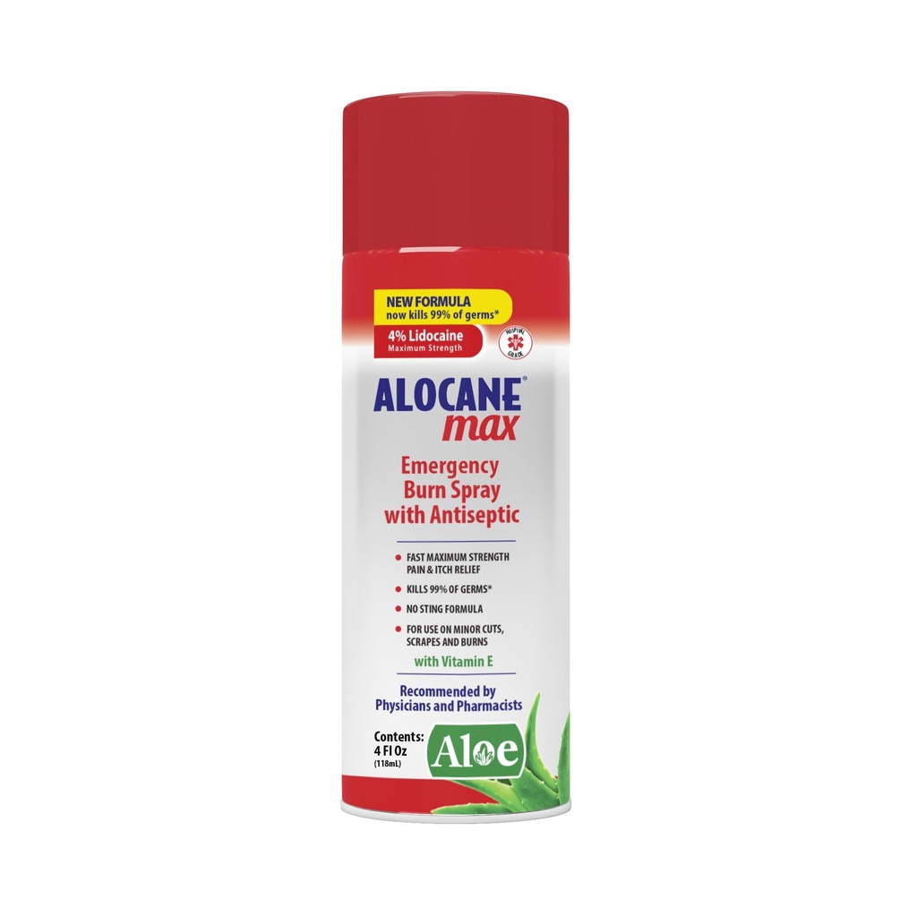 ALOCANE Awaryjny spray oparzeniowy, 4% Lidokaina Max Siła szybki ból Itch Relief dla drobnych oparzeń, oparzenia słoneczne, Kuchnia Pierwsza Pomoc Leczenie Pielęgnacja oparzenia, 4 Fl Oz