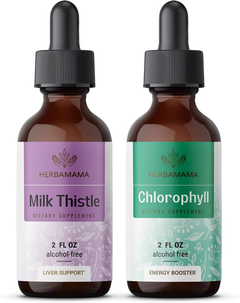 HERBAMAMA Zestaw ziołowych kropli płynnych - Zbiornik mleka Thistle Extract 2 fl oz i płynny chlorofil 2 fl oz - Vegan Supplement Liquid Extract - Nie GMO, Cukier i Alkohol - 2 Pack