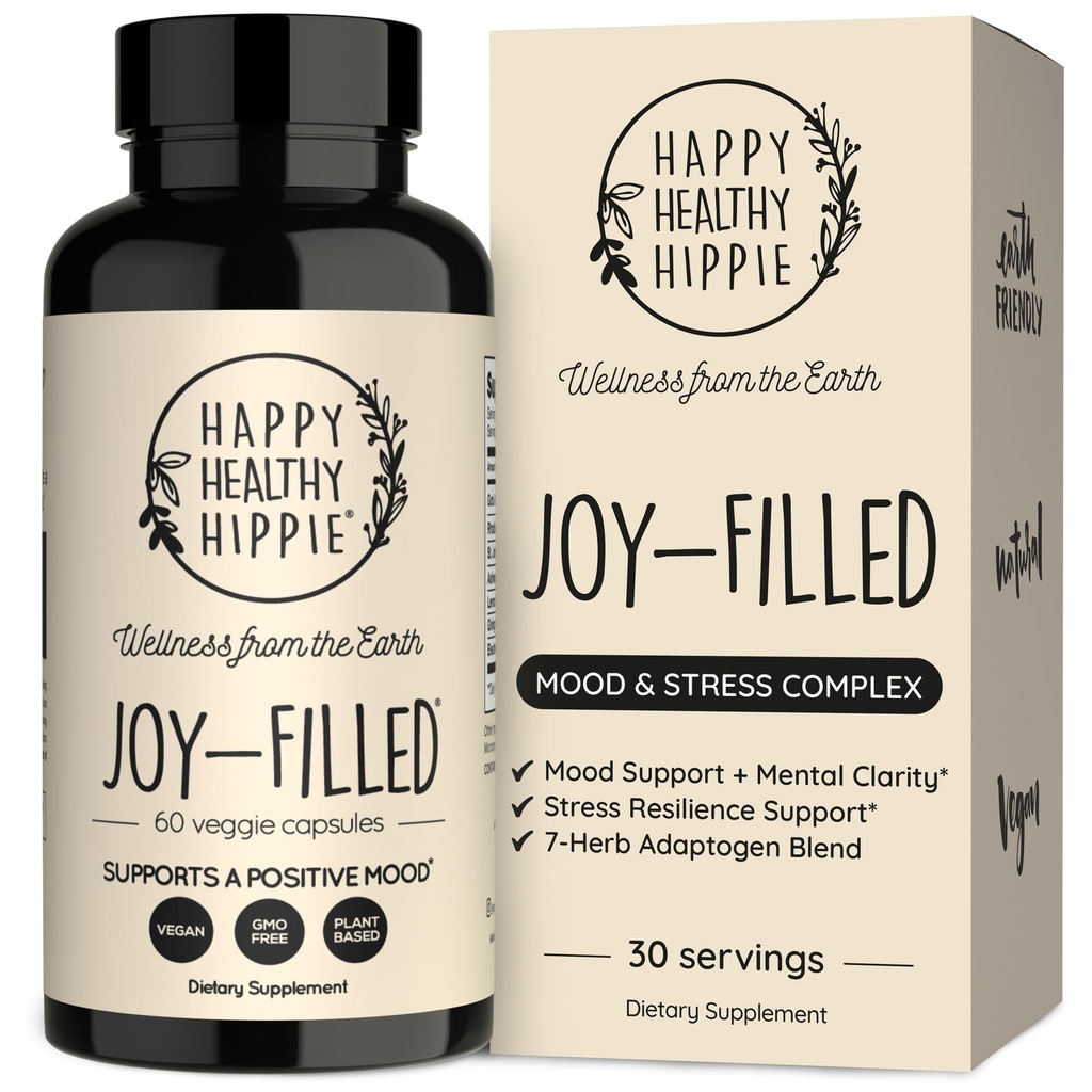 Joy- Filled Mood Supplement Supplement - 7 Herb Complex w / St. Johns Wort Release 124; Stress Relief - Pomaga uspokoić umysł i ciało 124; 100% Plant- based Happy Pills, Ashwagandha, Rhodiola Rosea Release 124; Adaptogens, 60 Ct