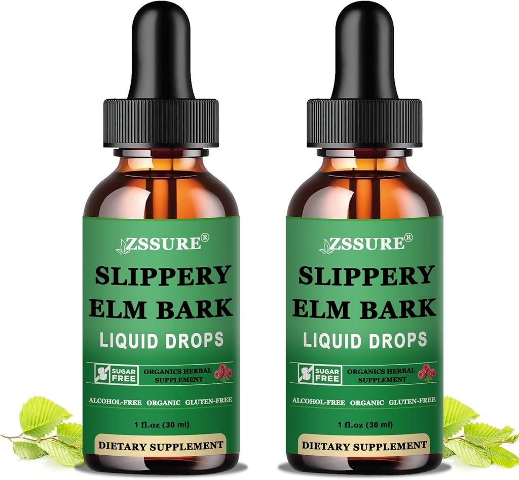 (2 opakowania) Slippery Elm Bark Liquid Drops, Pure Organic Slippery Elm Extract 1000mg for Digestive Gut Health, Liquid Slippery Elm Tincture Supplement Herbal, Vegan, Alkohol Free, Non-GMO, Gluten Free