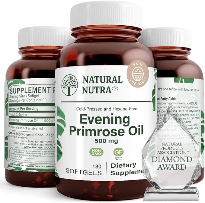 Natural Nutra Wieczór Primrose Suplement oleju z kwasów tłuszczowych, Pomaga przezwyciężyć ból ciała, Nerve zdrowia, Promowanie zdrowia i klarowności skóry, Pomaga zmniejszyć Digestive Discourse, 500 mg, 180 Softgel