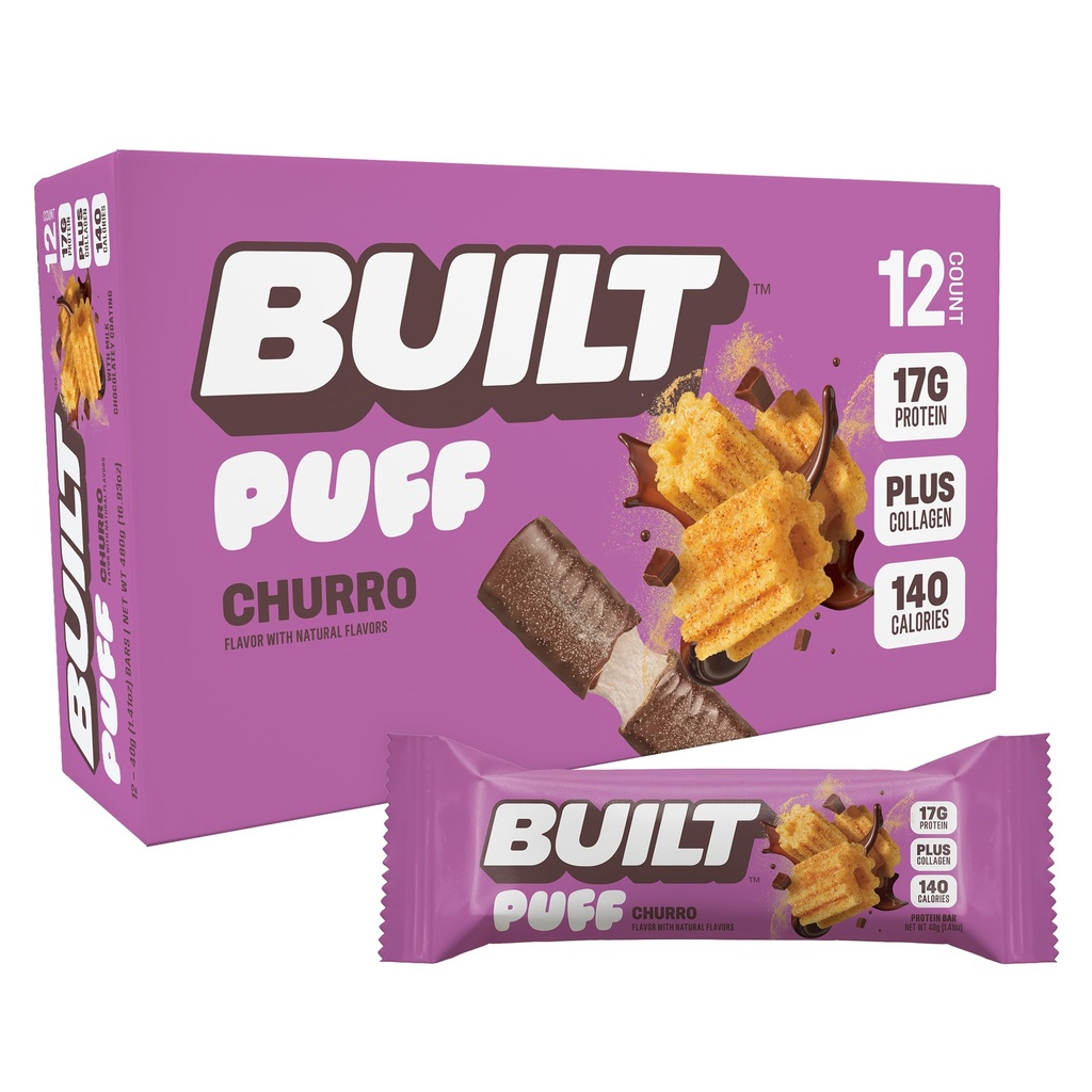 Built Bar, Puff Protein Bars, Churro Puff, 17g Protein Snacks, On- The- Bary, Tylko 140 Calories & 6g Sugar, Collagen, Gluten Free, 12 Count