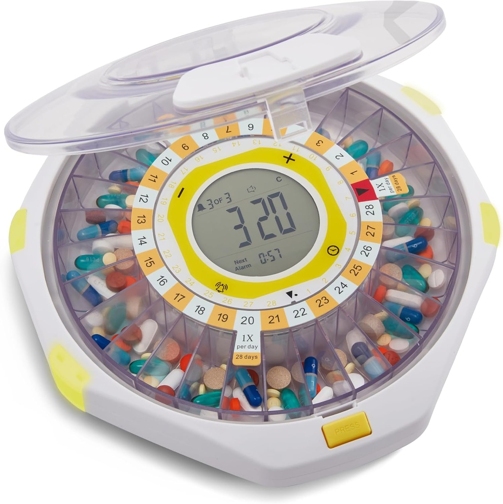 LiveFine Bluetooth Automatic Pill Dispenser, 28- Day Pojemność, Dźwięk i Światło Alerty, Klucz Lock, LCD & Easy Setup na LiveFine App dla wymagań, Leki, Witaminy i Suplementy - Clear Lid