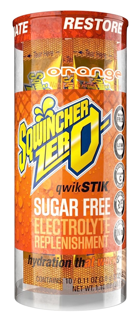 Sqwincher Zero Stik Qwik, Pomarańcza, Cukier wolny, Niska kaloria, Niski poziom elektrolitu sodu w proszku Napoje nawadniające, 11 oz Pakiet (Opakowanie po 200)