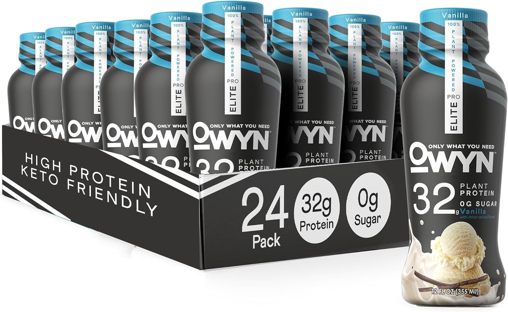 OWYN Only What You Need Pro Elite Vegan High Protein Keto Shake, 32g Protein, 9 Amino Acids, Omega-3, Prebiotyki, Trenout and Recovery, 0g Net Carbs, Zero Sugar (Vanilla, 12 Fl Oz (Opakowanie po 24)