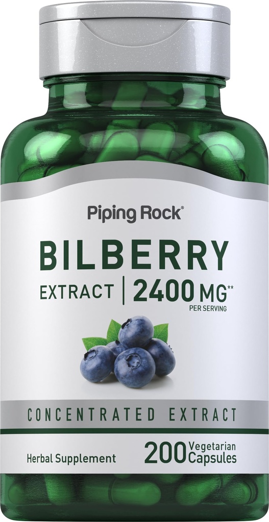 Piping Rock Bilberry Extract Kapsułki 2400mg Bis124; 200 Tabletki Bis124; Herbal Extract Supplement Agregat 124; Wegetarianin, Non-GMO, Gluten Free