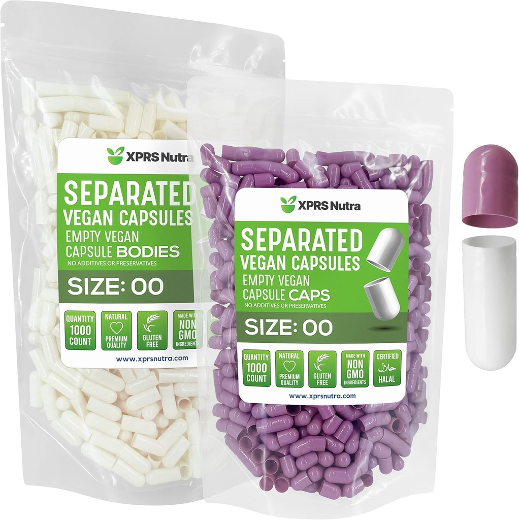 XPRS Nutra Vegan Rozmiar 00 Kapsułki oddzielone - 1000 Hrabia Premium Kapsułki puste Separowane w Torbach - 00 Pigułki Puste do napełniania suplementu DIY (Lavender / White)