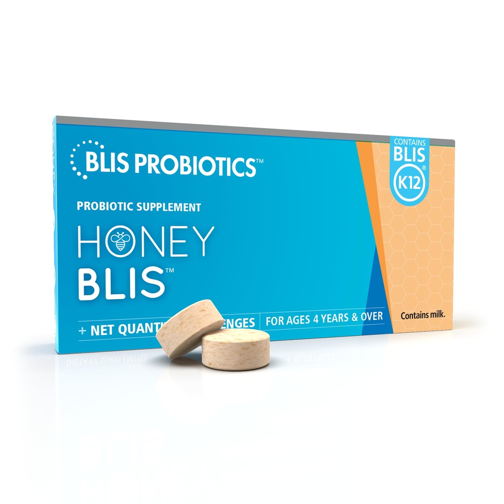 BLIS HoneyBlis Probiotic Throat Lozenges - Manuka Honey, K12, Wsparcie immunologiczne - 16 Lozenges