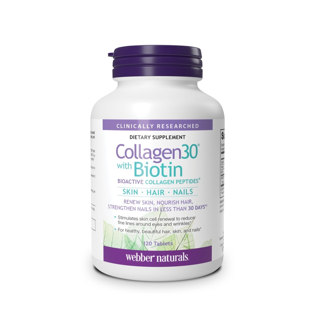 Webber Naturals Collagen30 z Biotinem, 2500 mg Bioaktywnych Peptydów Kolagenowych z 5000 μg Biotin Per Serving, 120 Tabletów, Dla zaawansowanych Nourishing skóry, włosów i paznokci, Dairy & Gluten Free
