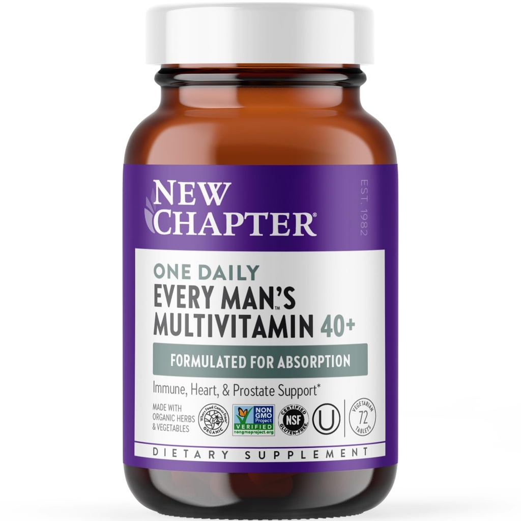 New Chapter Men 's Multivitamin 40 Plus for Energy, Heart, Prostate + Immune Support with Fermented Nutrigents - Every Man' s One Daily 40 +, Made with Organic Vegetables & Herbs, Non-GMO - 72