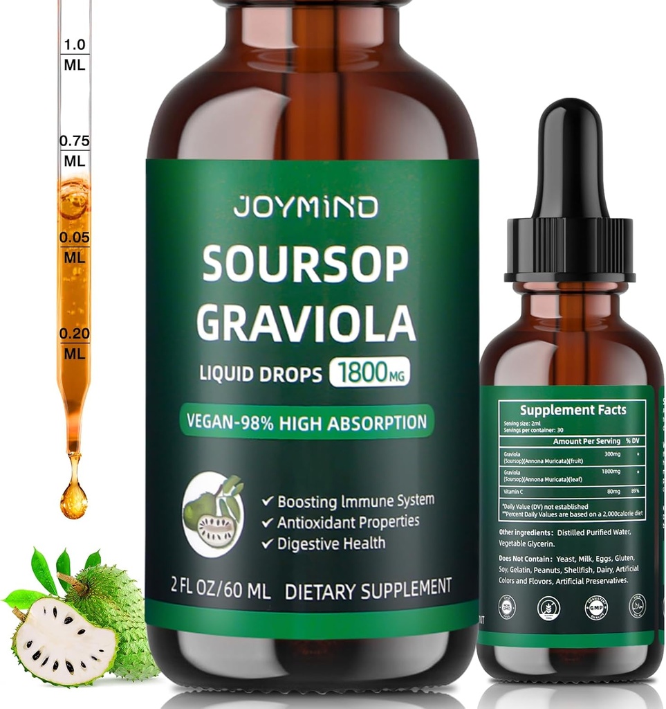 Graviola Soursop Leaf Extract Liquid - Soursop Bitters Liquid, Immune Boost, Relax, Wątroba i sen, Wegan, Cukier & Gluten Free, 98% Wchłanianie, Natural Flavor, 2 Dostawy miesiąc 60ML
