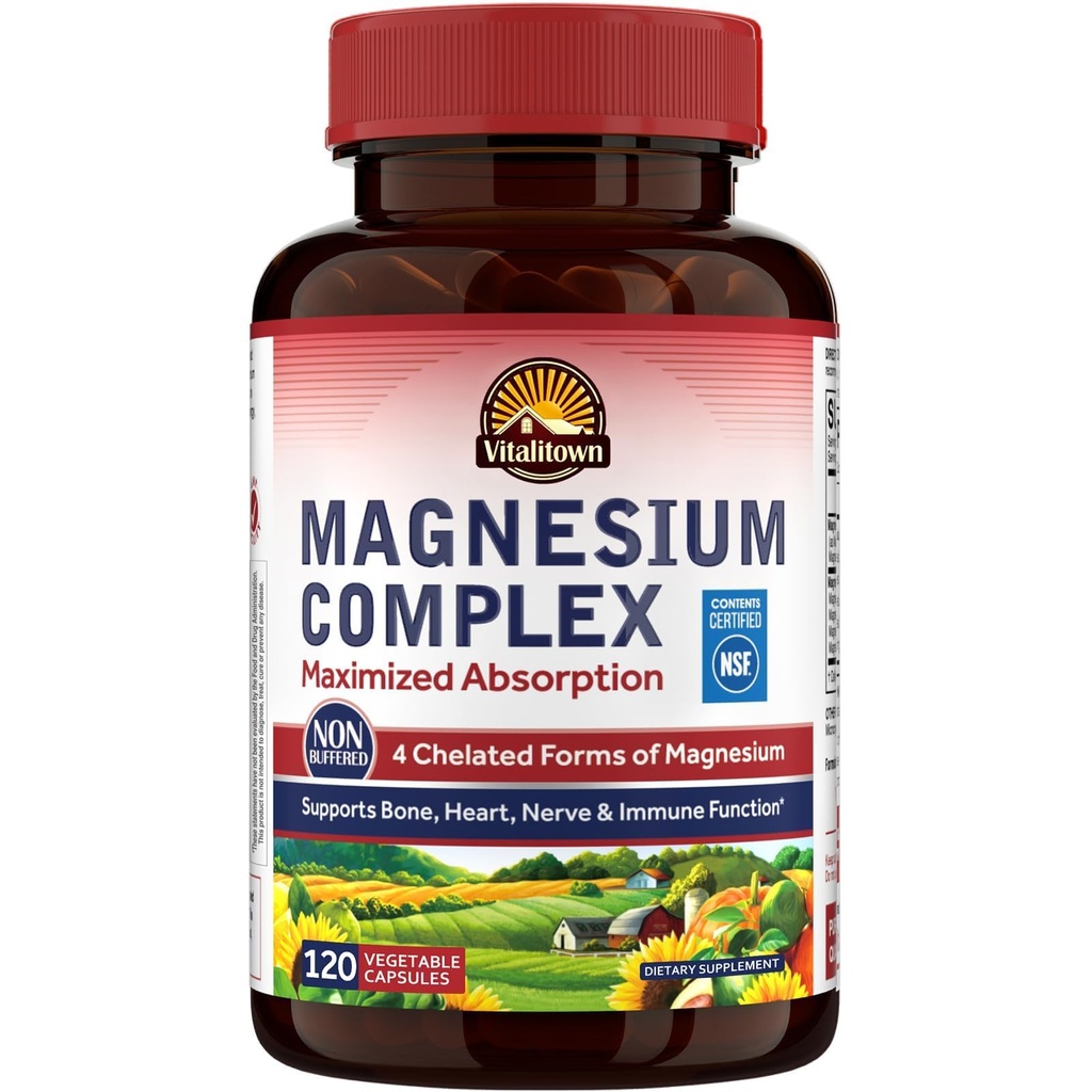 Vitalitown Magnezu Complex Supplement 500mg - NSF Certified Magnezu Glycinate, Malate, Taurate & Citrate - Chelated High Absorption & Gentle on Stomach - Vegan Non-GMO 120 Kapsułki