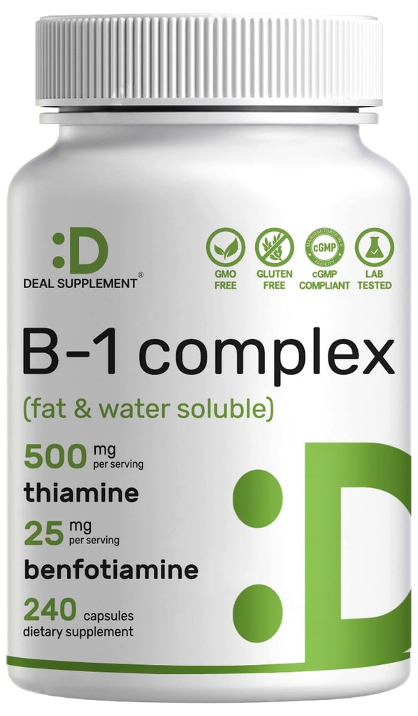 DEAL Uzupełniająca witamina B1 500mg z benfotiaminą, 240 kapsułek - 2 w 1 Wzmocniona formuła - Tłuszcz i woda Rozpuszczalny suplement Tiaminy B1 - Strona trzecia Tested, Non-GMO, No gluten