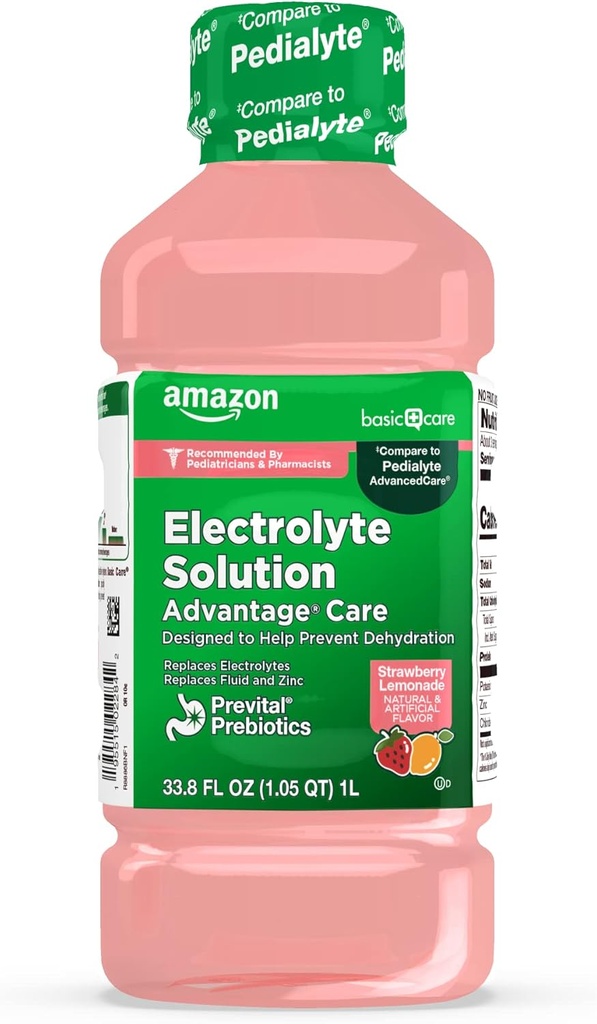 Basic Care Advantage Care Electrolyte Rozwiązanie z Prevital Prebiotyki, Lemoniada truskawkowa, Napoje nawadniające, Eplenish Electrolytes, Płyn & Cynk, 33,8 fl oz (Opakowanie po 1)