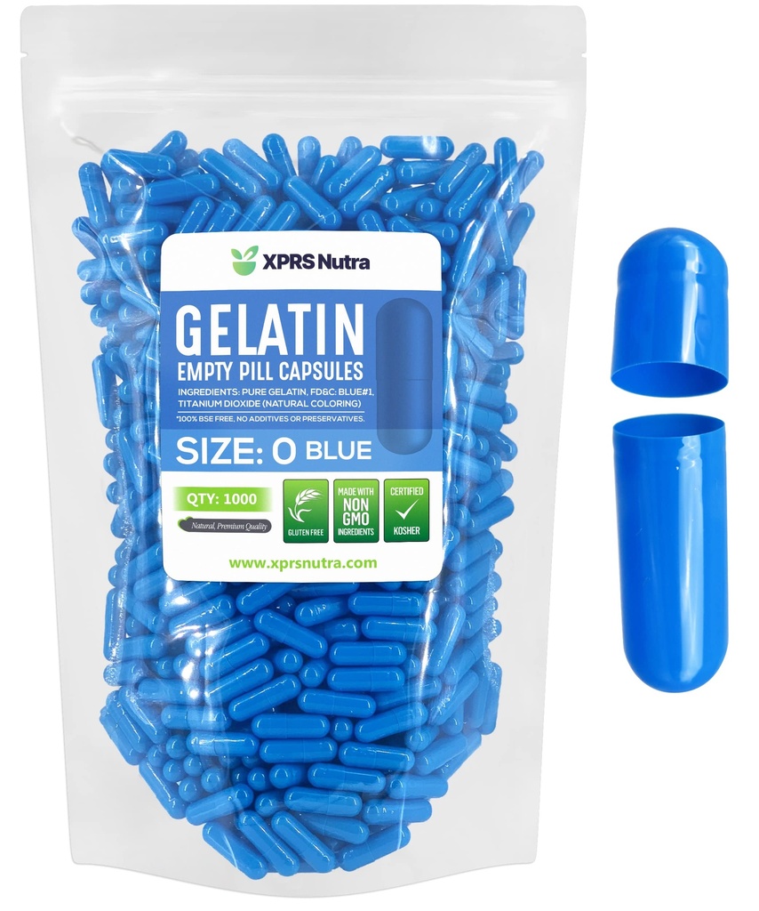 XPRS Nutra Rozmiar 0 Puste kapsułki - Puste kapsułki żelatynowe - 1000 liter kapsułki Diy Napełnianie - Kapsułki żelowe z czystego pióra dla bydła Do- It- Yourself Supplements (Niebieski)