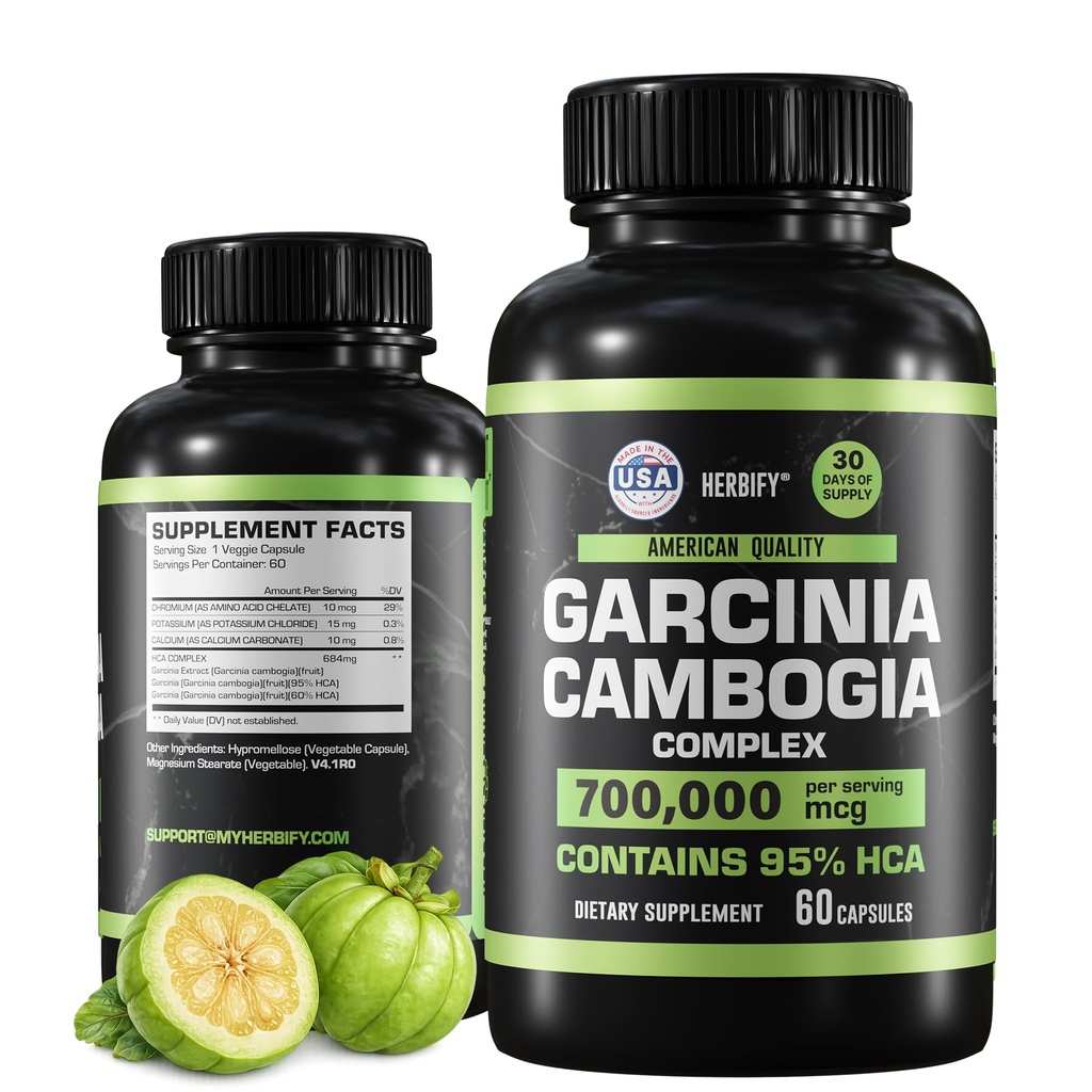 HERBIFY Garcinia Cambogia Wellness Supplement Supplement for Women & Men - Herbal Extract with Antioksydant Properties - Energy Booster for Daily Vitality and Digestive Support - 60 Count