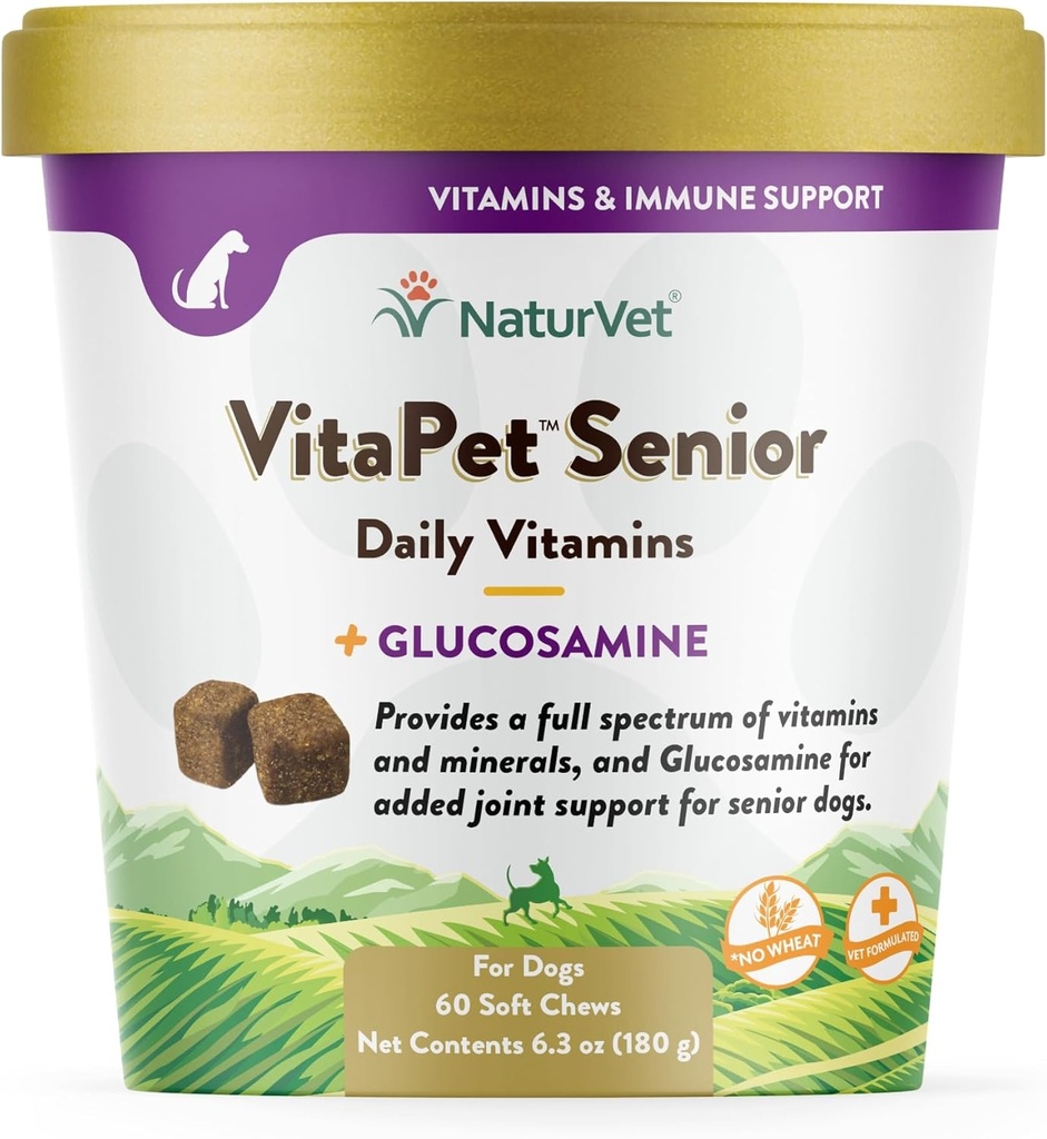 NaturVet VitaPet Senior Daily Vitamins Plus Glucozamine for Dogs, 60 ct Soft Chews, Made in The USA with Globally Source Ingredients