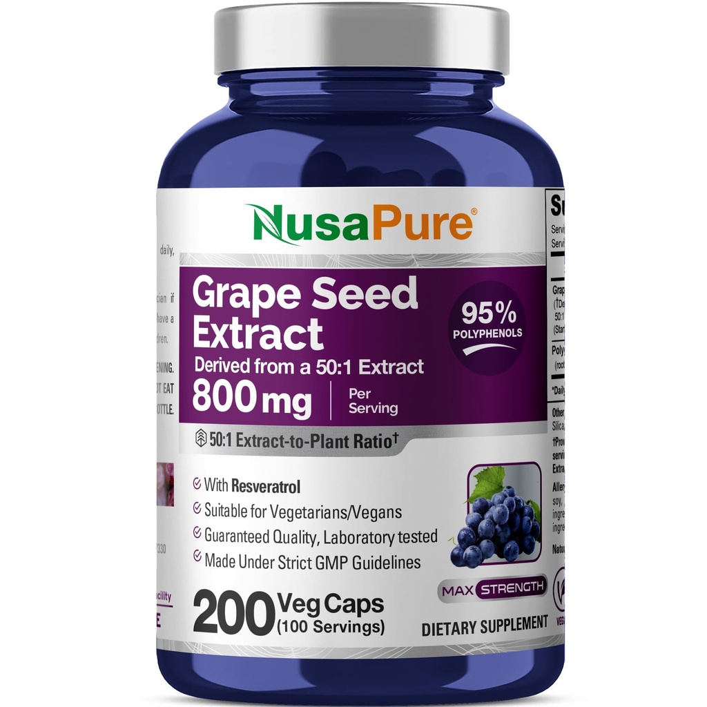 NusaPure Grape Seed Extract 40,000mg na czapki, 200 Kapsułek wegańskich, Standaryzowane, Non-GMO, Gluten Free, Resveratrol