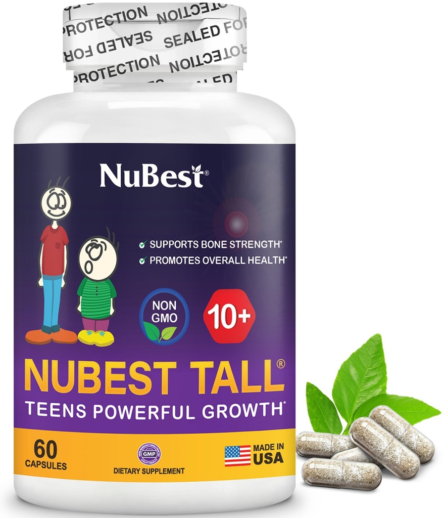 NuBest Tall 10 + Premium Formuła wytrzymałości kości, Wzmocnione odporność i ogólne zdrowie dla wieku 10 + z wapnia, Witamina D3, Witamina K2, i Multivitamin 124; 60 Kapsułki 124; 1 Dostawa miesiąc