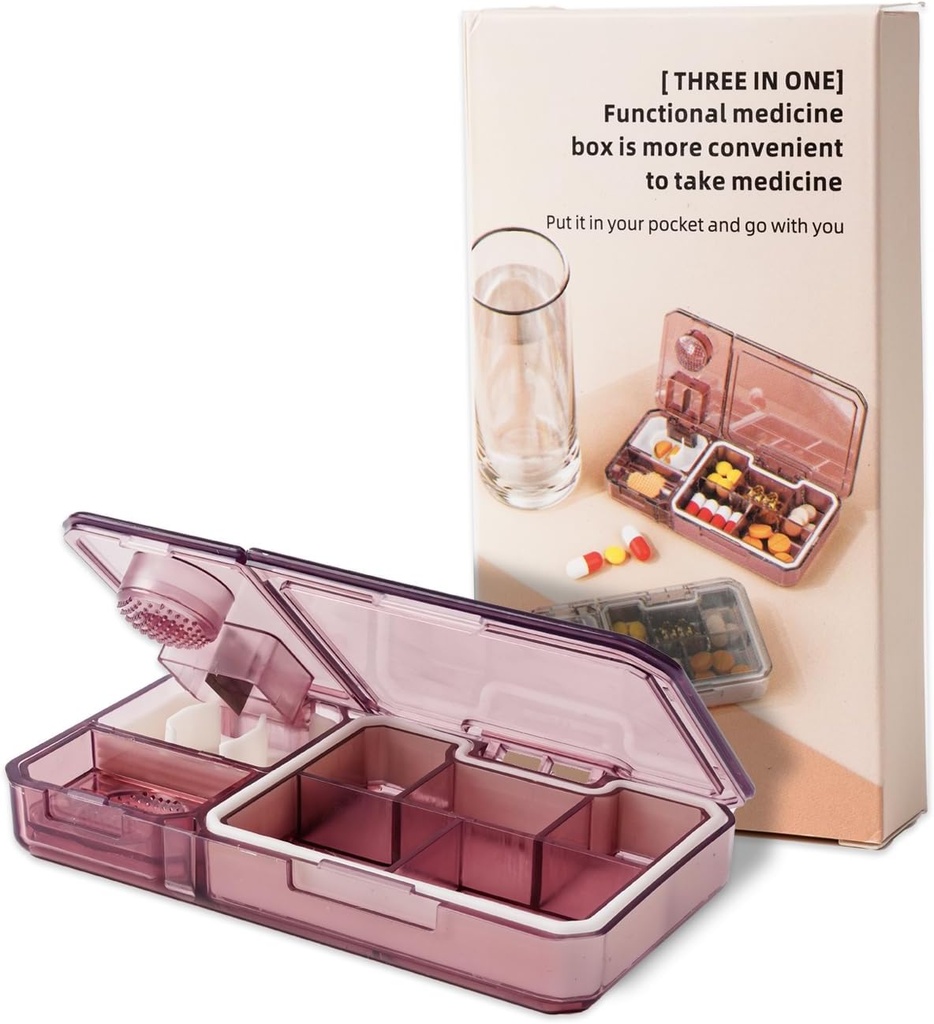Pill Organizator z Cutter Crusher: Travel Medicine Pill Organizator do torebki kieszonkowej do przechowywania witamin suplementy lecznicze, różowy