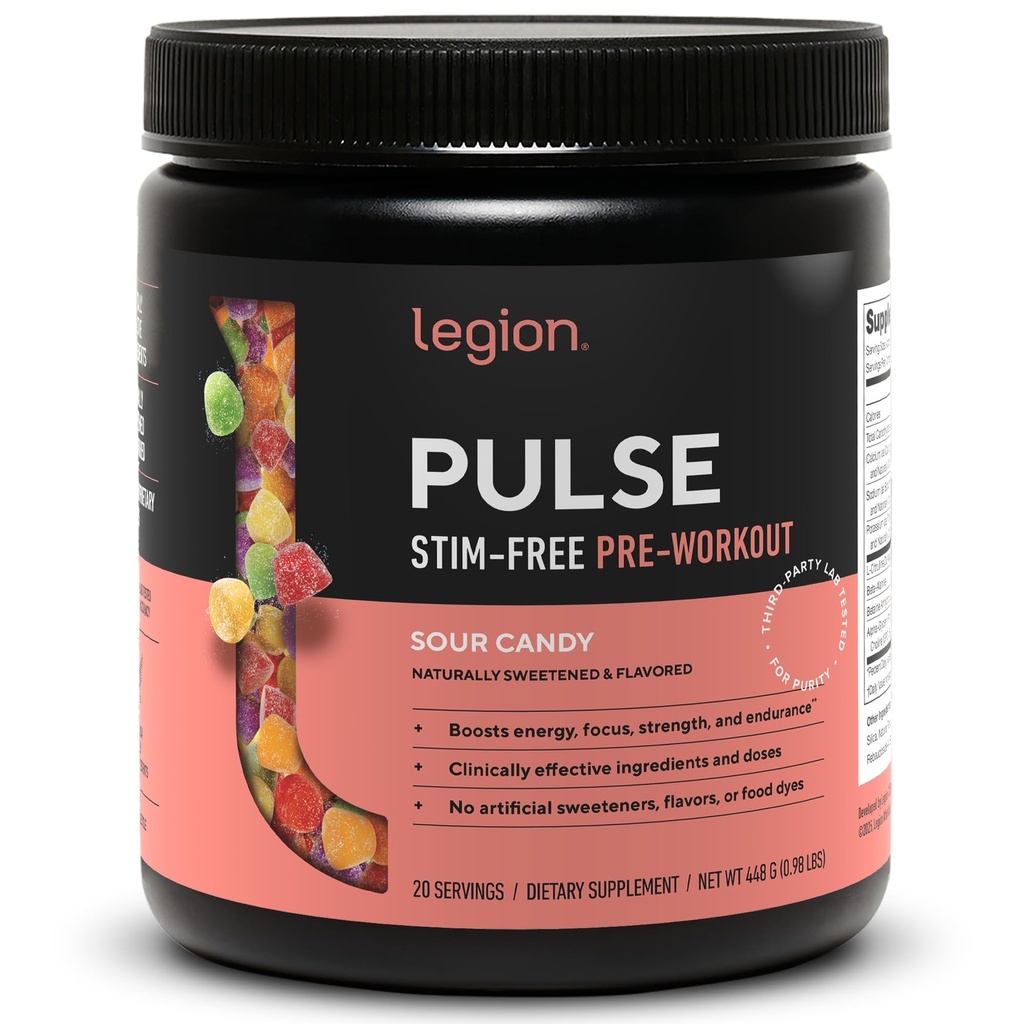 LEGION Pulse pre Workout Supplement - All Natural Nitric Oxide Precuting Drink to Boost Energy, Creatine Free, Natural Sweetened, Beta Alanine, Citruline, Alpha GPC (Caepine Free Sour Candy)